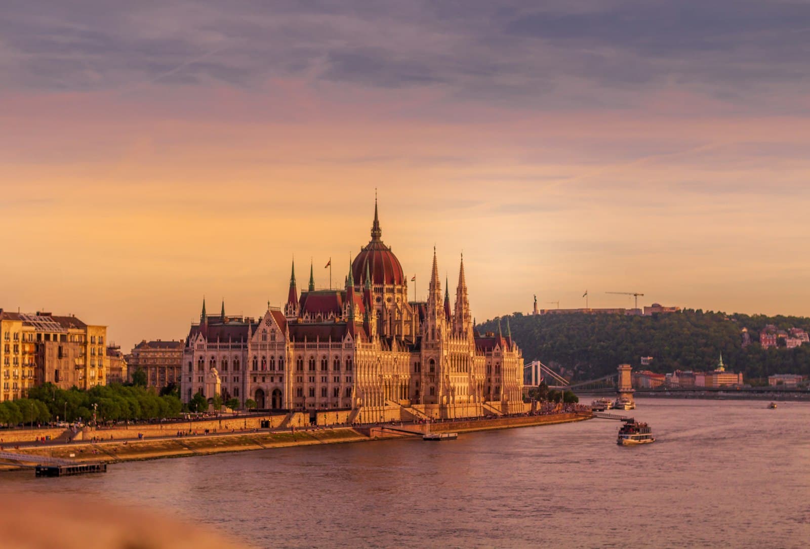 The Hungarian Parliament on the Danube at golden hour, Budapest, Hungary