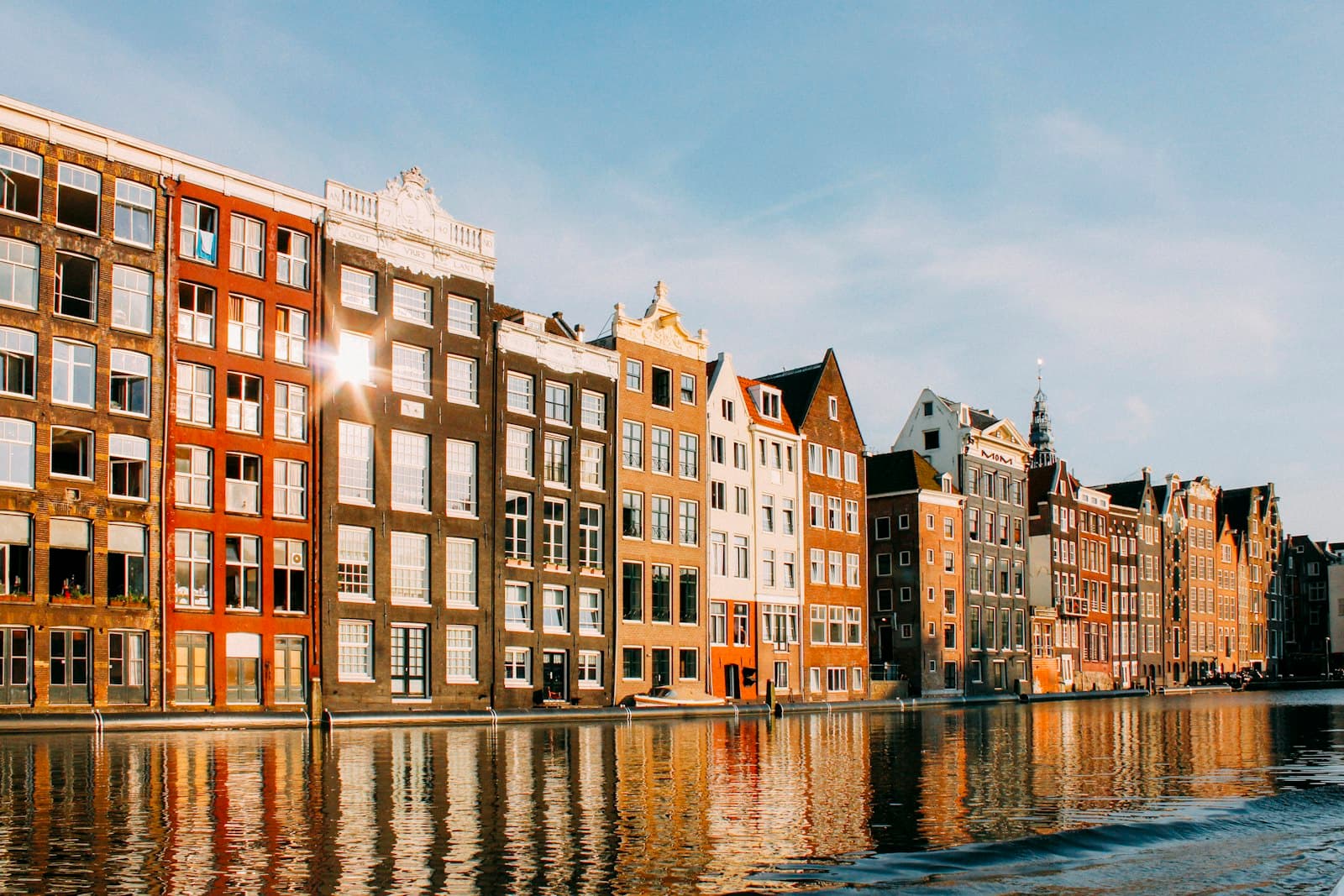 Canal houses along a waterway in Amsterdam, the Netherlands