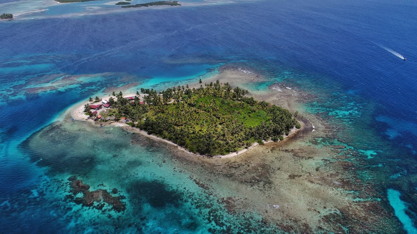 A palm-covered island ringed by turquoise water, San Blas, Panama